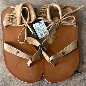 Volcom Beige Suede Fringe Tie Sandals